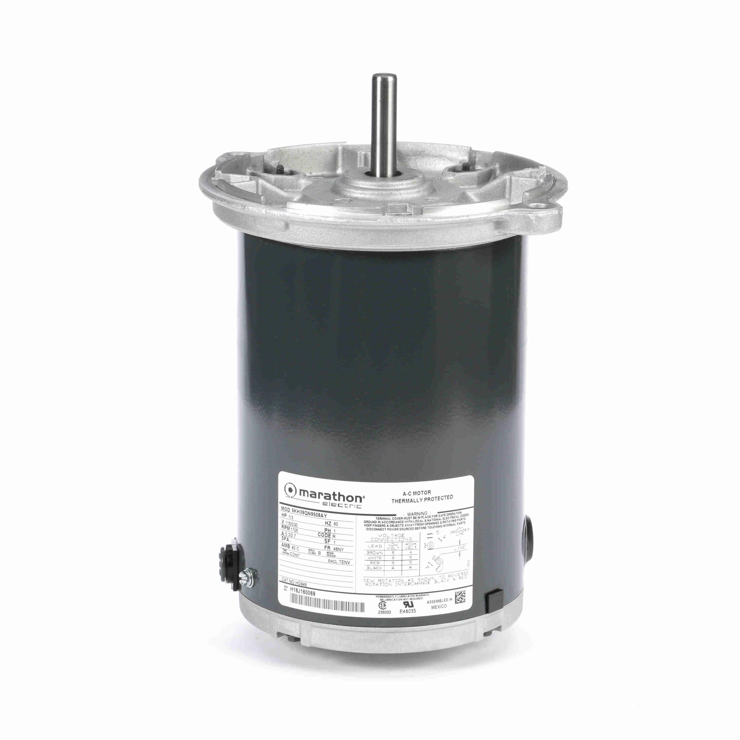 MARATHON MOTORS 5KH39QN9508Y Drive Motor, 1/3 hp, 1725 Rpm, 115/230VAC, 48Ny Frame | CH6KKQ 60WD45