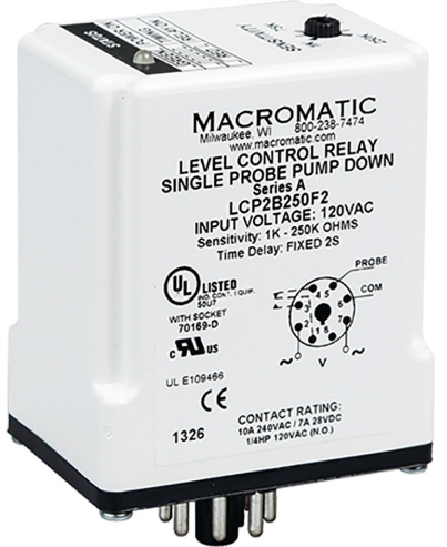 MACROMATIC LCP2A250F10 Level Control Relay, 2VA, Indicator Style LED, -40 to 85 Deg C | CD6FMB