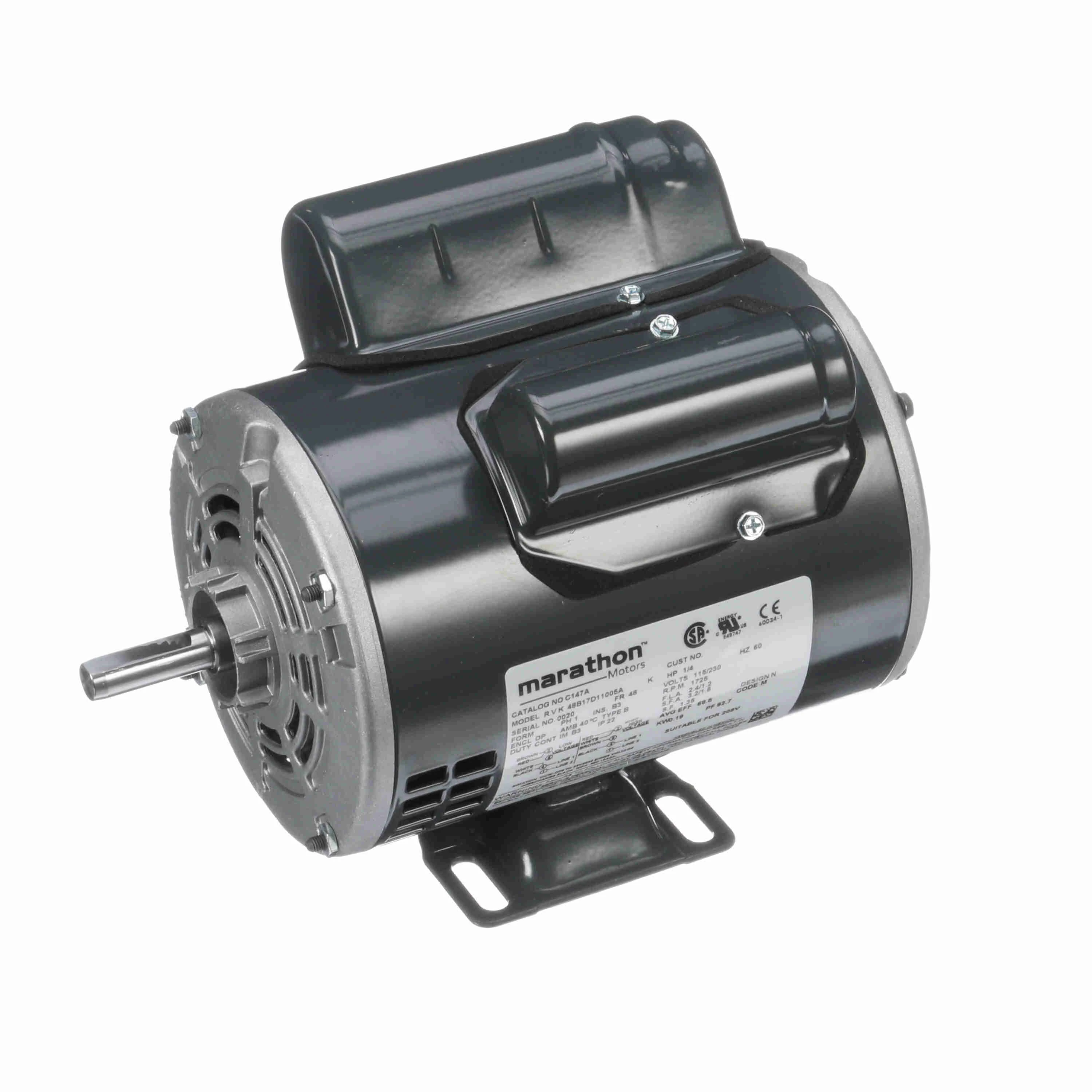 MARATHON MOTORS C147A AC Induction Motor, General Purpose, 1/4Hp, 1-Phase, 115/230 VAC, 1800 rpm, 48 Frame | CV6LDM