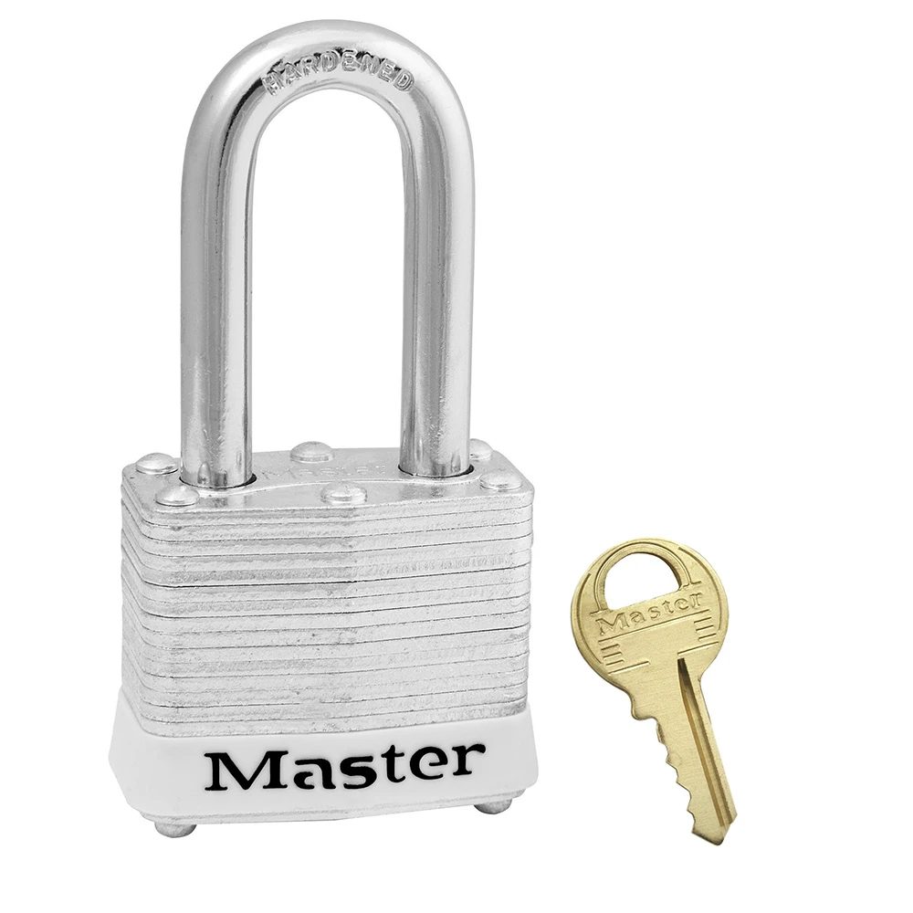 MASTER LOCK 3LFWHT Laminated Steel Safety Padlock, 1 9/16 Inch Wide, 1 1/2Inch Tall Shackle, Keyed Different, White | CM7TDG