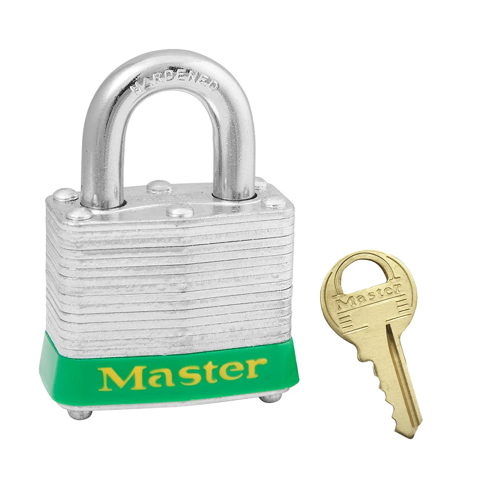 MASTER LOCK 3MKGRN Laminated Steel Safety Padlock With Master Key, 1 9/16 Inch Wide, 3/4 Inch Tall Shackle, Blue | CM7TCX