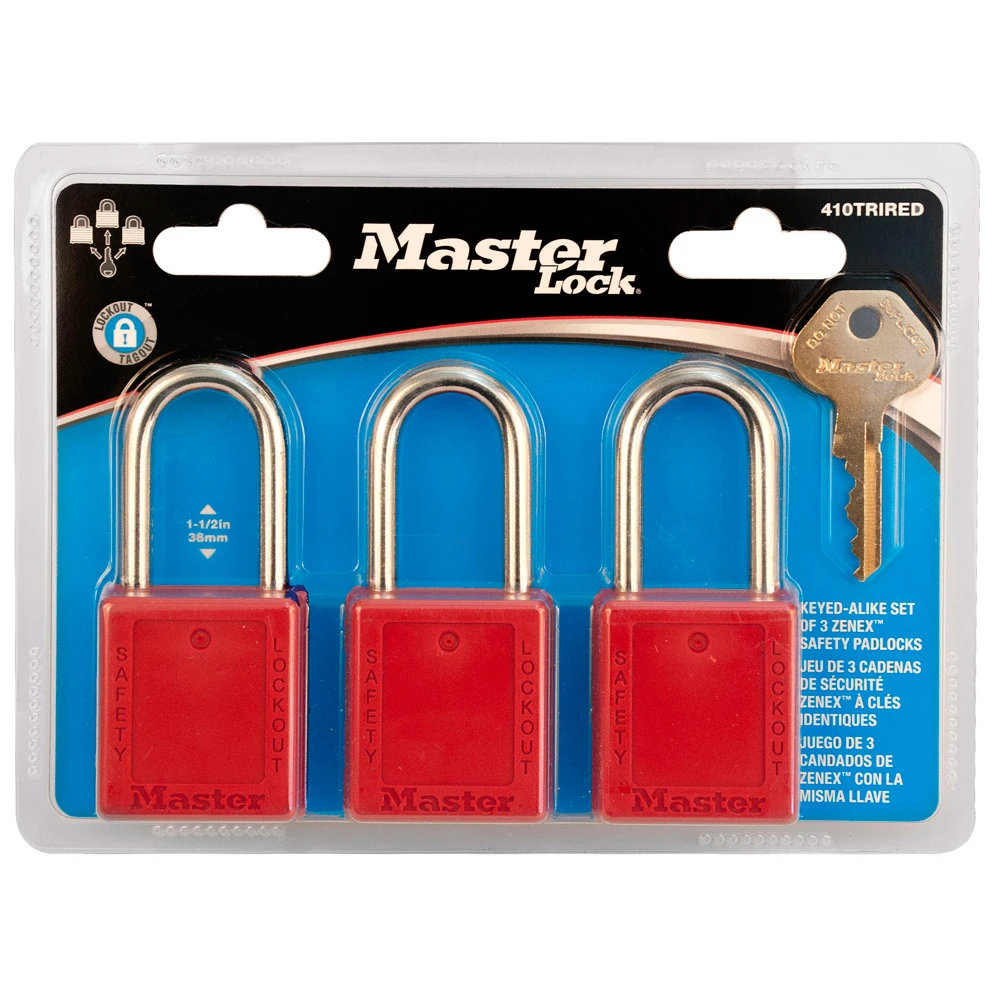 MASTER LOCK 410TRIRED Thermoplastic Safety Padlock, 1 1/2 Inch Wide, 1 1/2 Inch Tall Shackle, Keyed Alike, Red, Pack Of 3 | CM7RWN