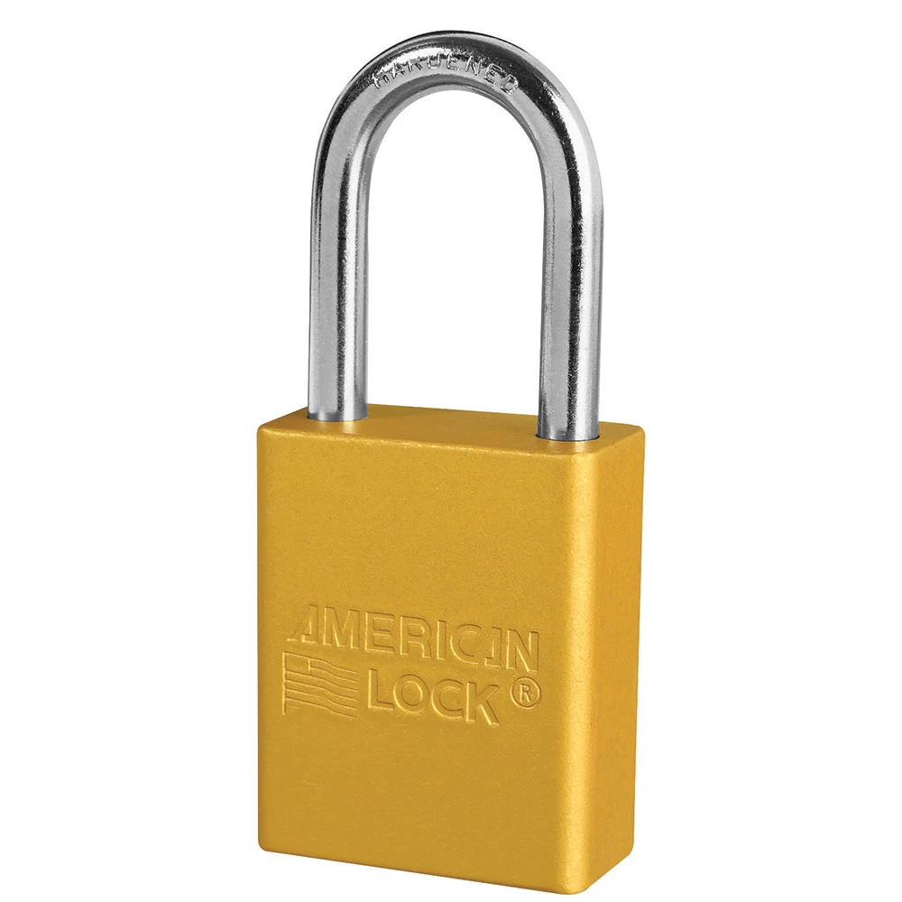 MASTER LOCK A1106KAYLW Anodized Aluminium Safety Padlock, 1 1/2 Inch Wide, 1 1/2 Inch Tall Shackle, Keyed Alike, 5 Pin Locking, Yellow | CM7THJ