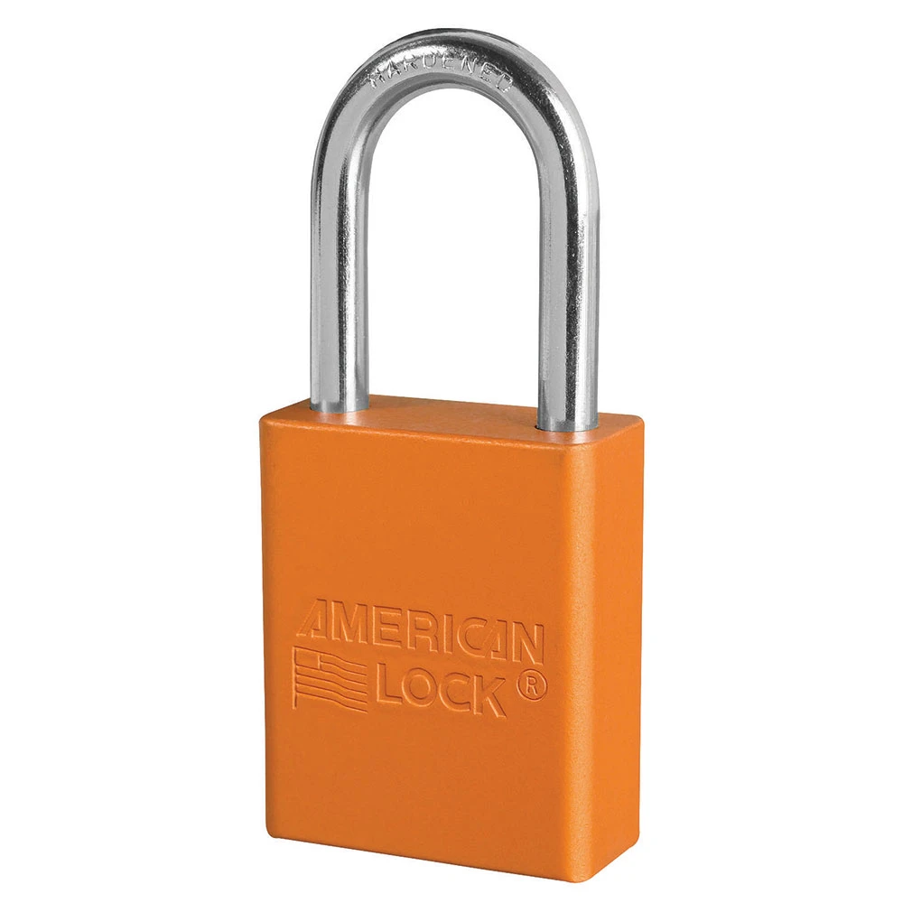 Anodized Aluminium Safety Padlock With Master Key, 1 1/2 Inch Tall Shackle, Keyed Alike, 5 Pin Locking, Orange