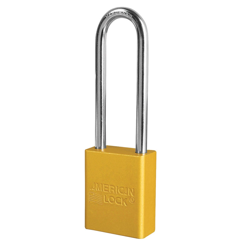 Anodized Aluminium Safety Padlock With Master Key, 1 1/2 Inch Wide, 3 Inch Tall Shackle, 5 Pin Locking, Yellow