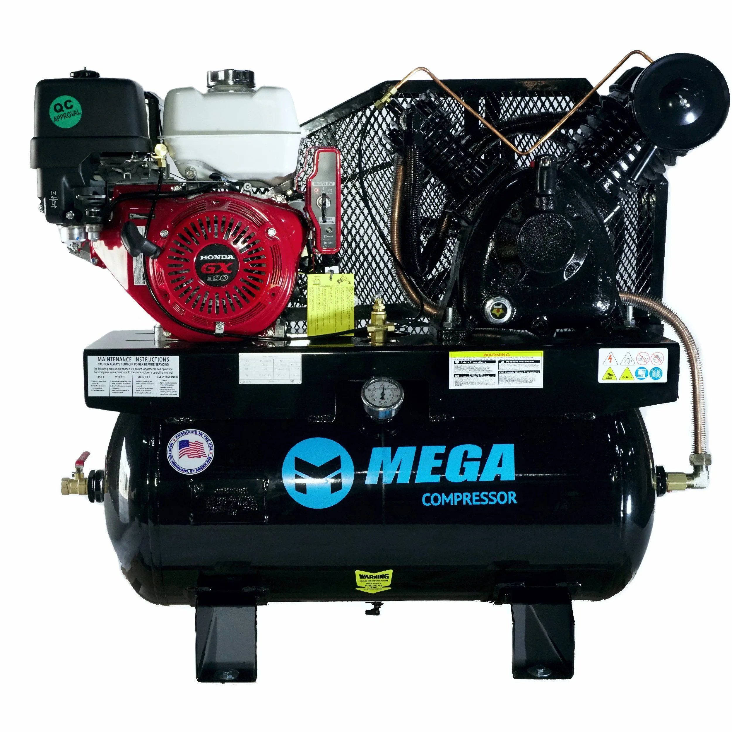 Mega Power Compressor, Honda GX390, Key Start, 30gal Truck Mounted