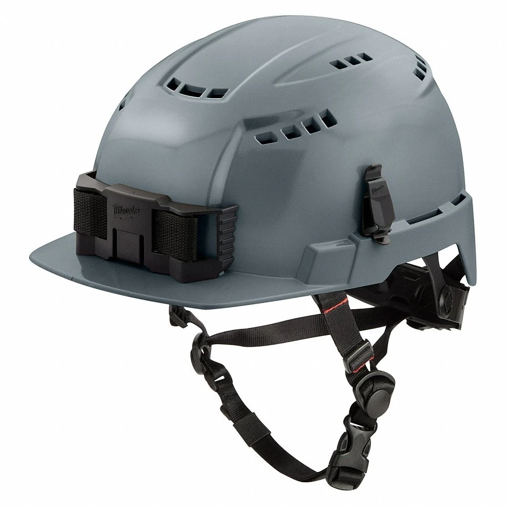 Vented Safety Helmet, Gray, No Graphics, Swing Ratchet, HDPE, Headlamp Mount