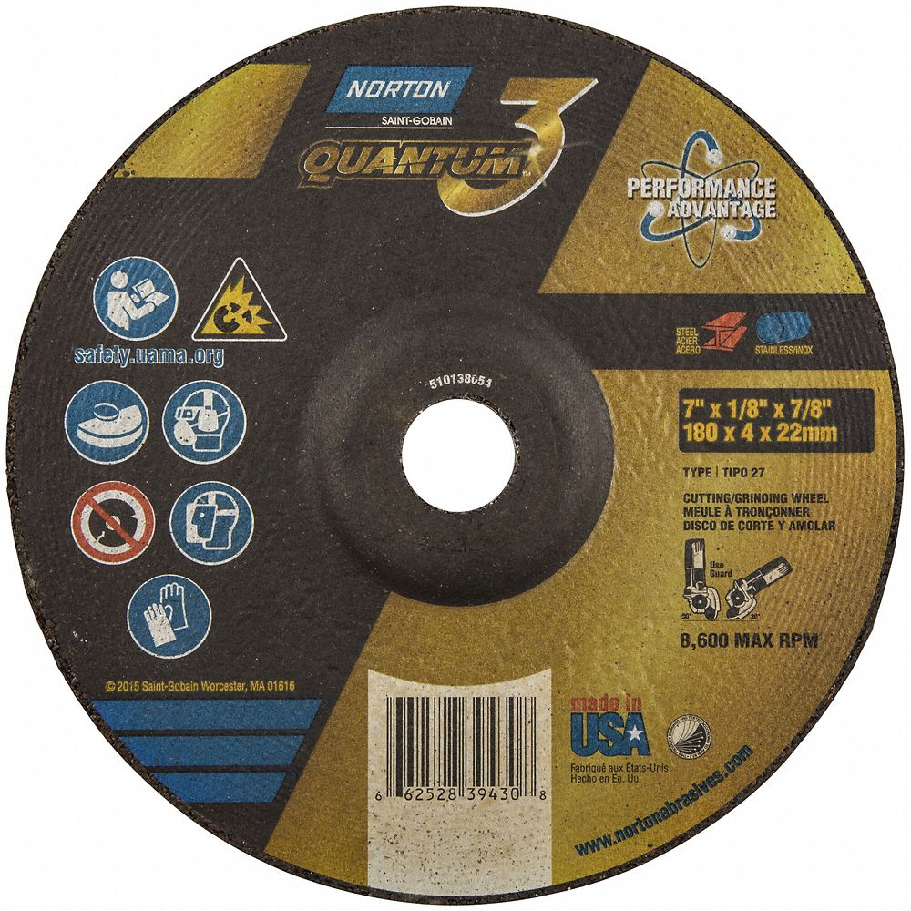 Depressed Center Wheel, Type 27, 7 x 1/8 x 7/8 Inch, Ceramic, 24 Grit, Quantum 3 SG