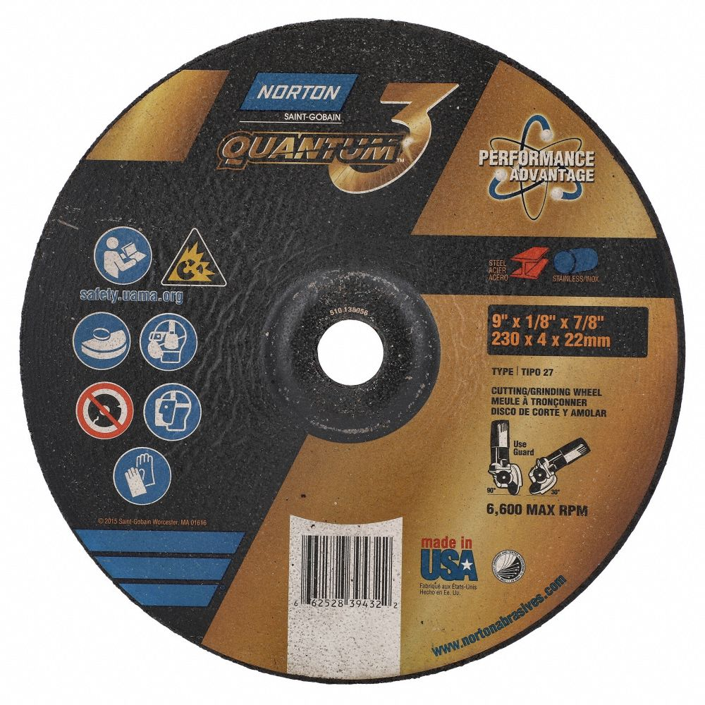 Depressed Center Wheel, Type 27, 9 x 1/8 x 7/8 Inch, Ceramic, 24 Grit, Quantum 3 SG