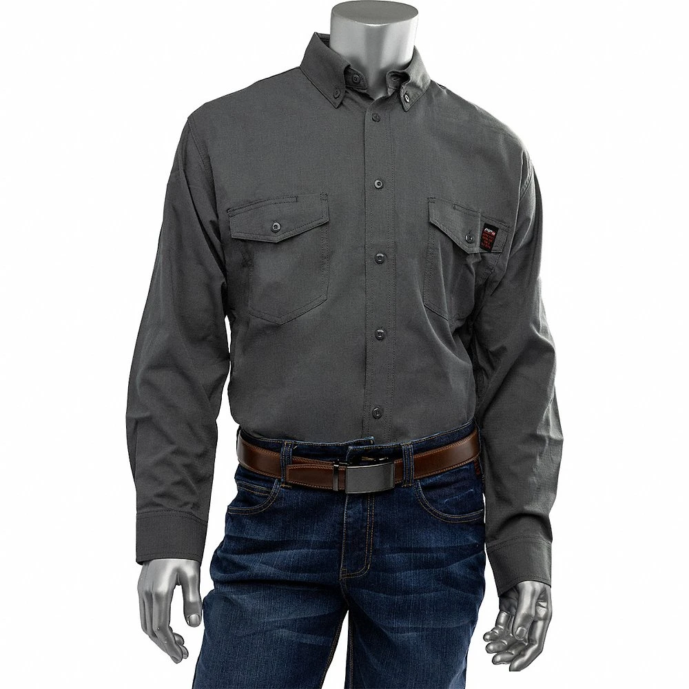 Flame-Resistant Shirt, 9 cal/sq cm ATPV, Tall, 2XL, Aramid, 6 oz, Long, Gray, Buttons