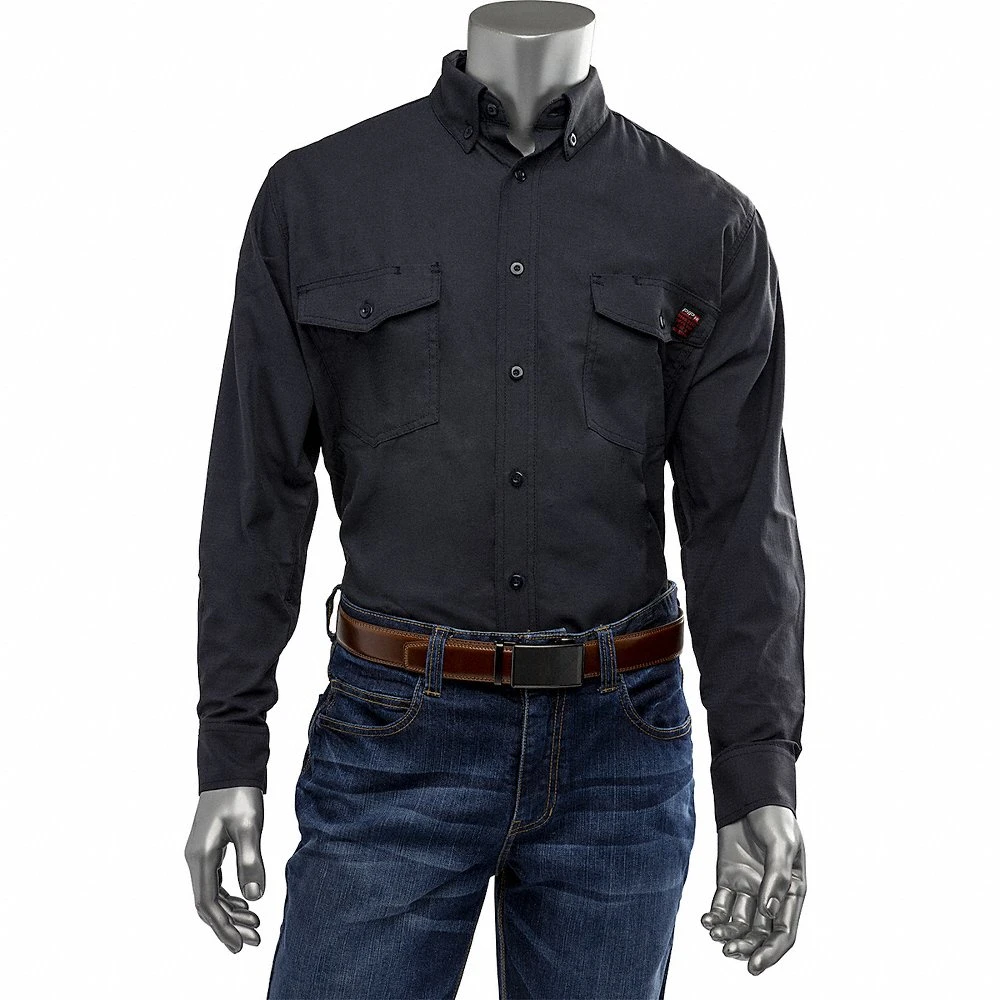 Flame-Resistant Shirt, 9 cal/sq cm ATPV, Tall, XL, Aramid, 6 oz, Long, Navy, Buttons