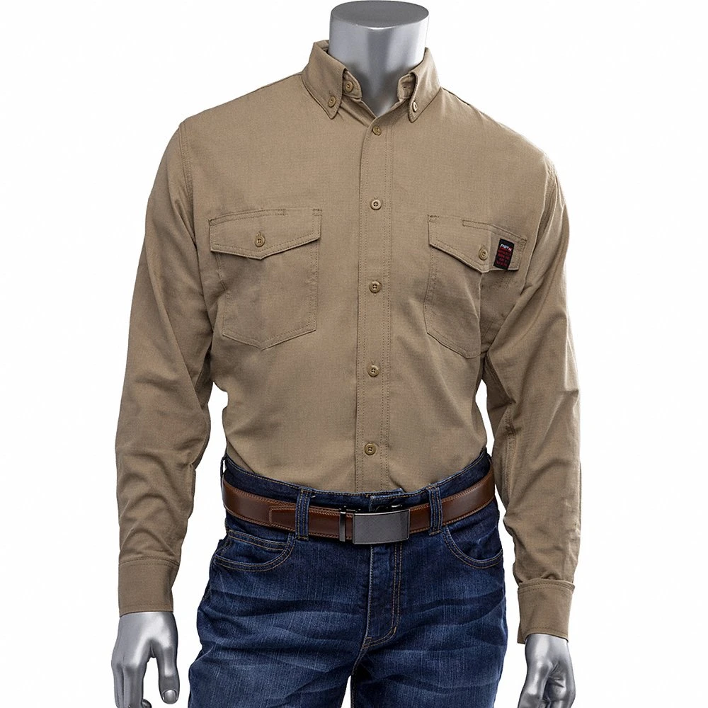 Flame-Resistant Shirt, 9 cal/sq cm ATPV, Tall, 2XL, Aramid, 6 oz, Long, Tan, Buttons