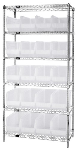 QUANTUM STORAGE SYSTEMS WR6-265CL Wire Shelving, 18 x 36 x 74 Inch Size, 6 Shelf, 20 Clear View Ultra Bins | CG9RYX