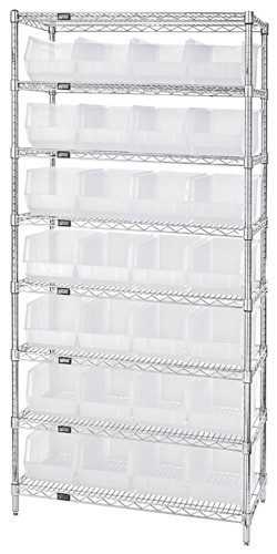 QUANTUM STORAGE SYSTEMS WR8-240CL Wire Shelving, 14 x 36 x 74 Inch Size, 8 Shelf, 28 Clear View Ultra Bins | CG9RZA