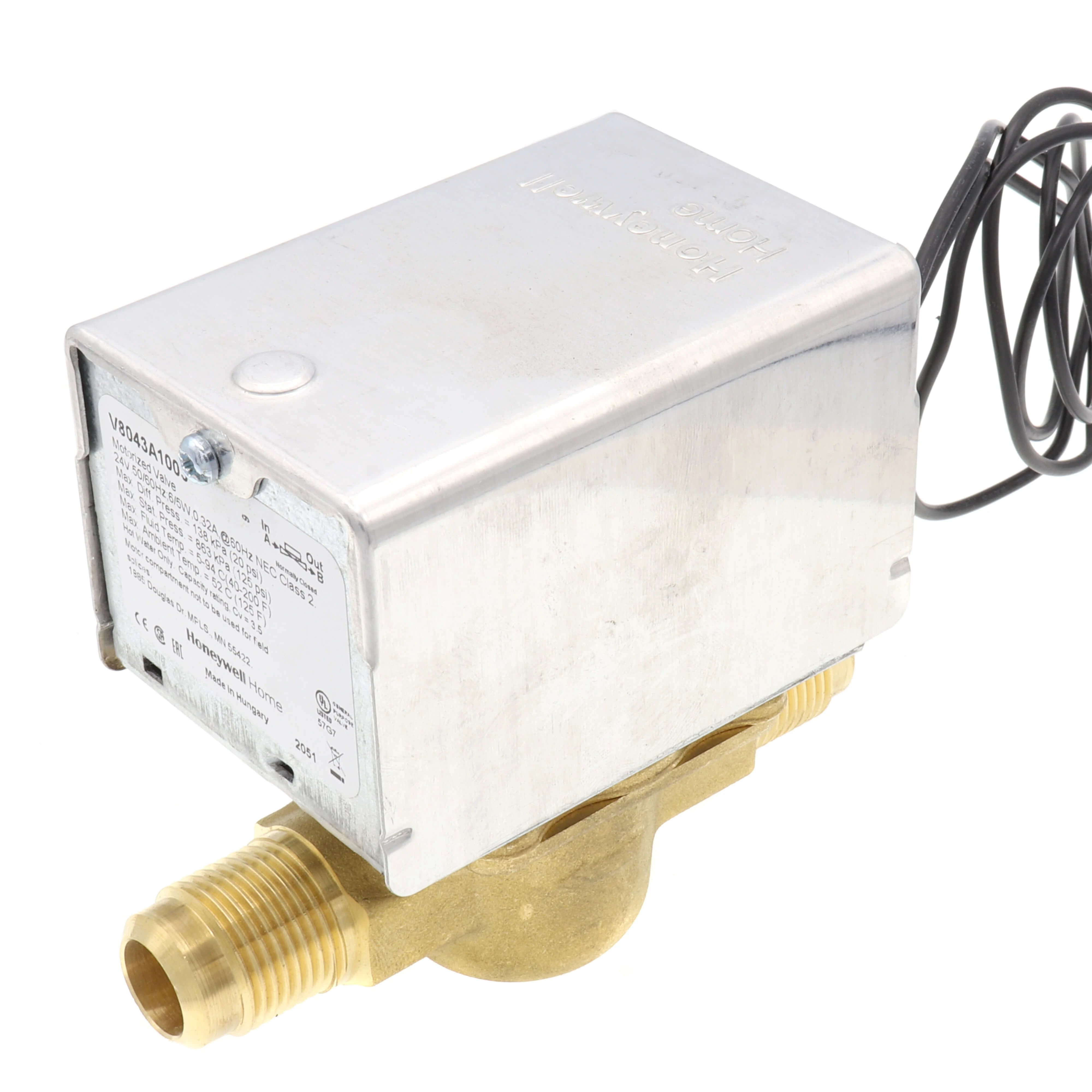 HONEYWELL V8043A1003 Normally Closed Flare 1/2 Motorized Zone Valve, 24 VAC, 3.5Cv, 18 Inch Leads | CD2GBA 279C01