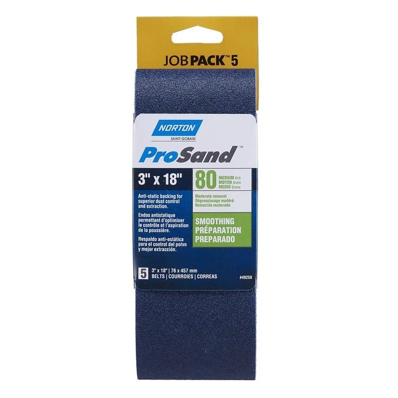 Norton ProSand 18 Inch L X 3 Inch W Zirconia Alumina Sanding Belt 80 Grit Medium 5 pc