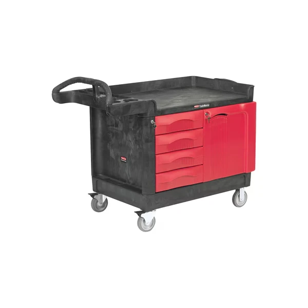 Rubbermaid Trademaster Cart with Cabinet, 50 Inch x 27 Inch x 39 Inch Size, Black/Red