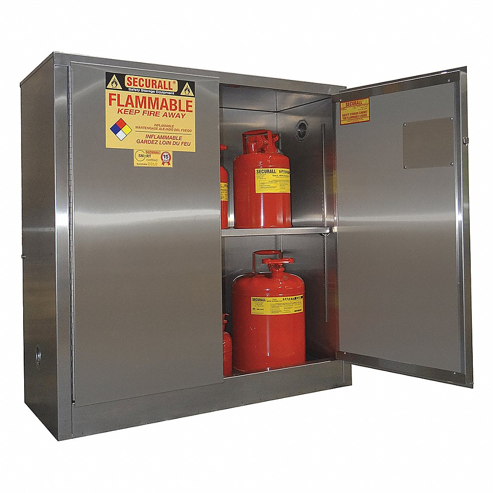 SECURALL PRODUCTS A130-SS Flammables Storage Cabinet, Stainless Steel, Self-Latch, Standard 2-Door, 30 Gallon | CJ6RAN