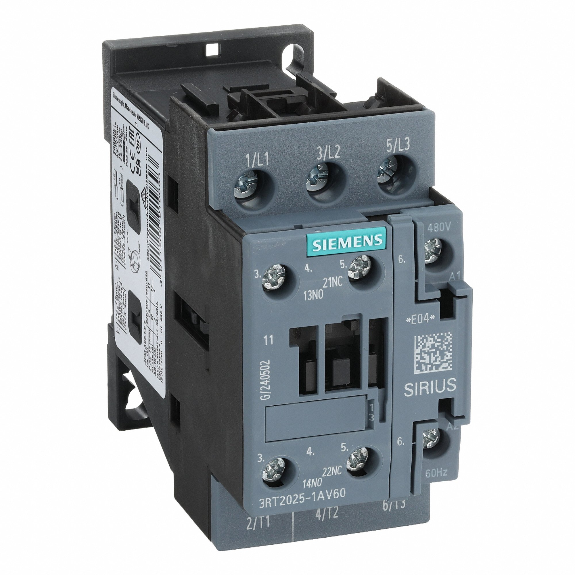 SIEMENS 3RT2025-1AV60 Power Contactor, 480 V AC Coil Volts, 17 A Full Load Amps-Inductive, 1No/1Nc | CU2TNF 330L31