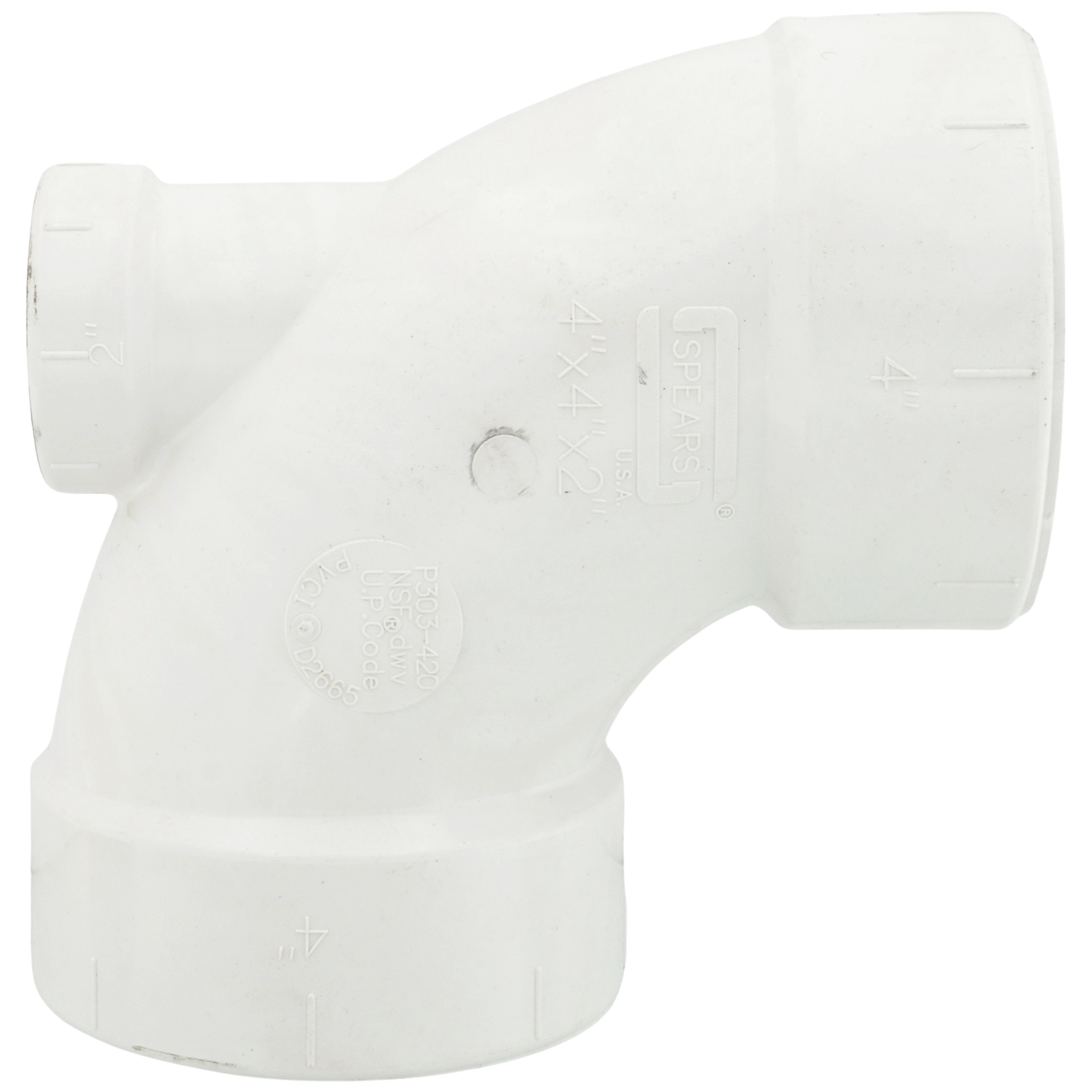 SPEARS VALVES P303-420 Drain Waste Vent, 1/4 Bend, Low Hub Inlet, Hub x Hub x Hub, 4 x 4 x 2 Size, PVC | BU7ZYL