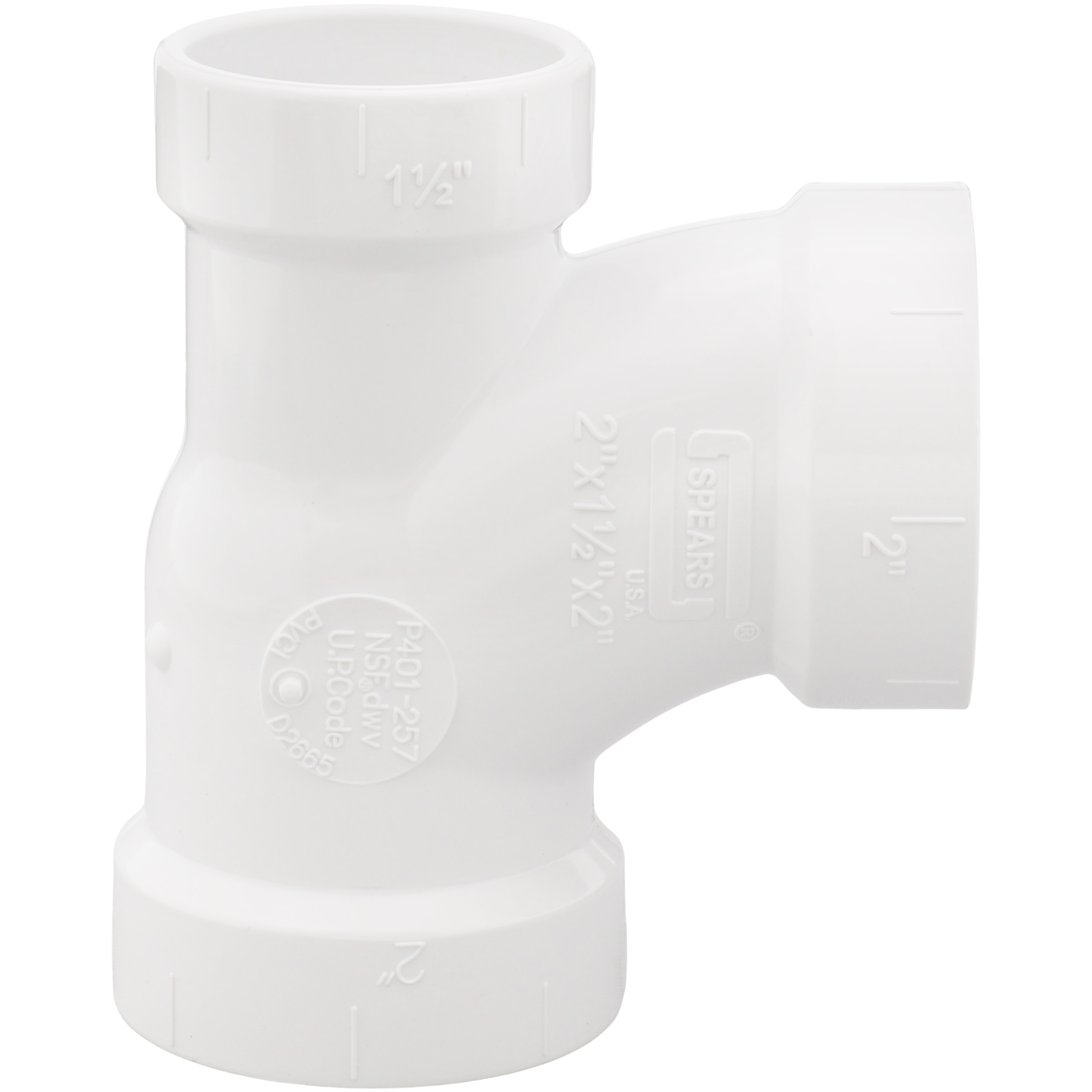 SPEARS VALVES P401-257 Reducer Sanitary Tee, Hub x Hub x Hub, 2 x 1-1/2 x 2 Inch Size, PVC | BU7JRA