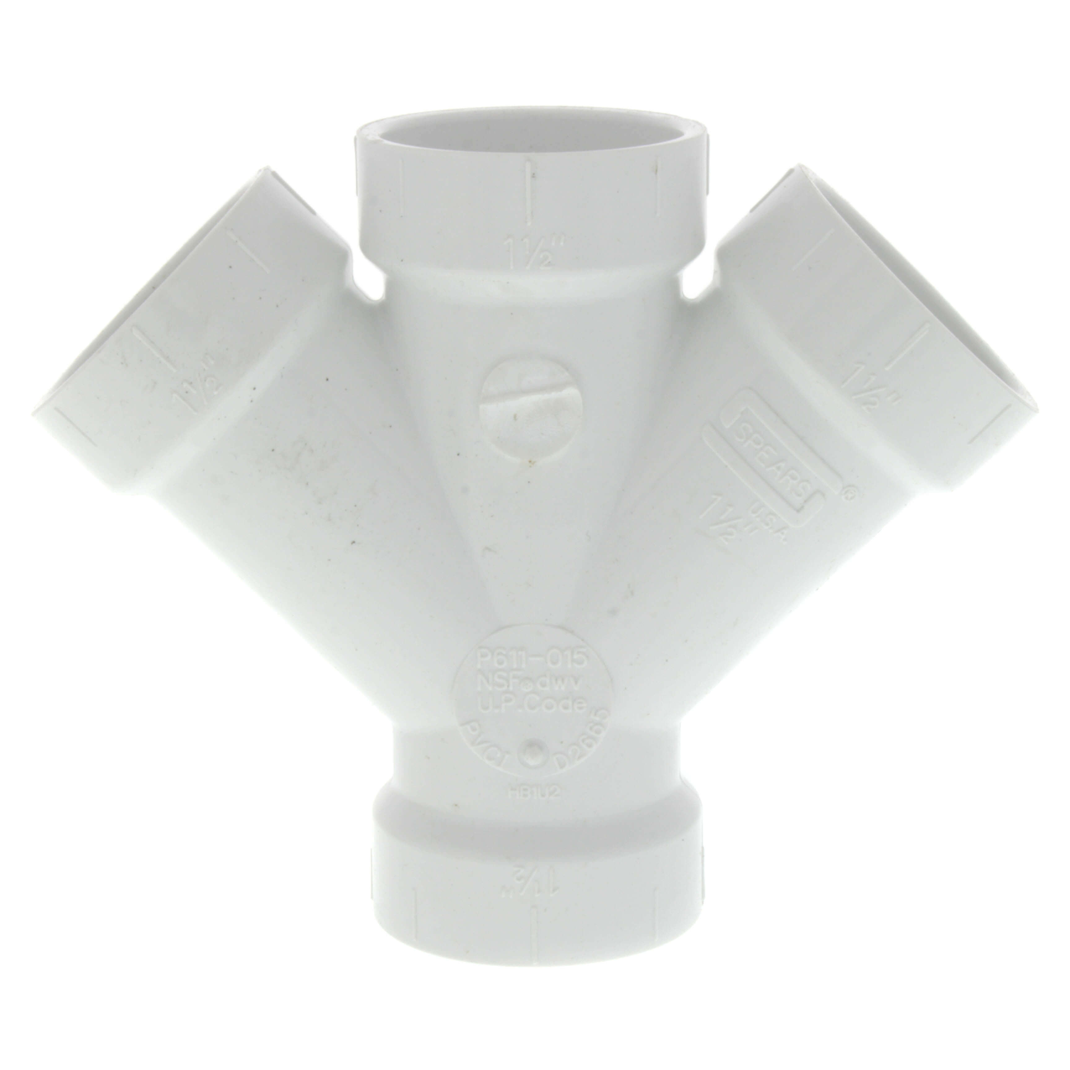 SPEARS VALVES P611-015 Drain Waste Vent Double Wye, Hub x Hub x Hub x Hub, 1-1/2 Size, PVC | BU7KDG