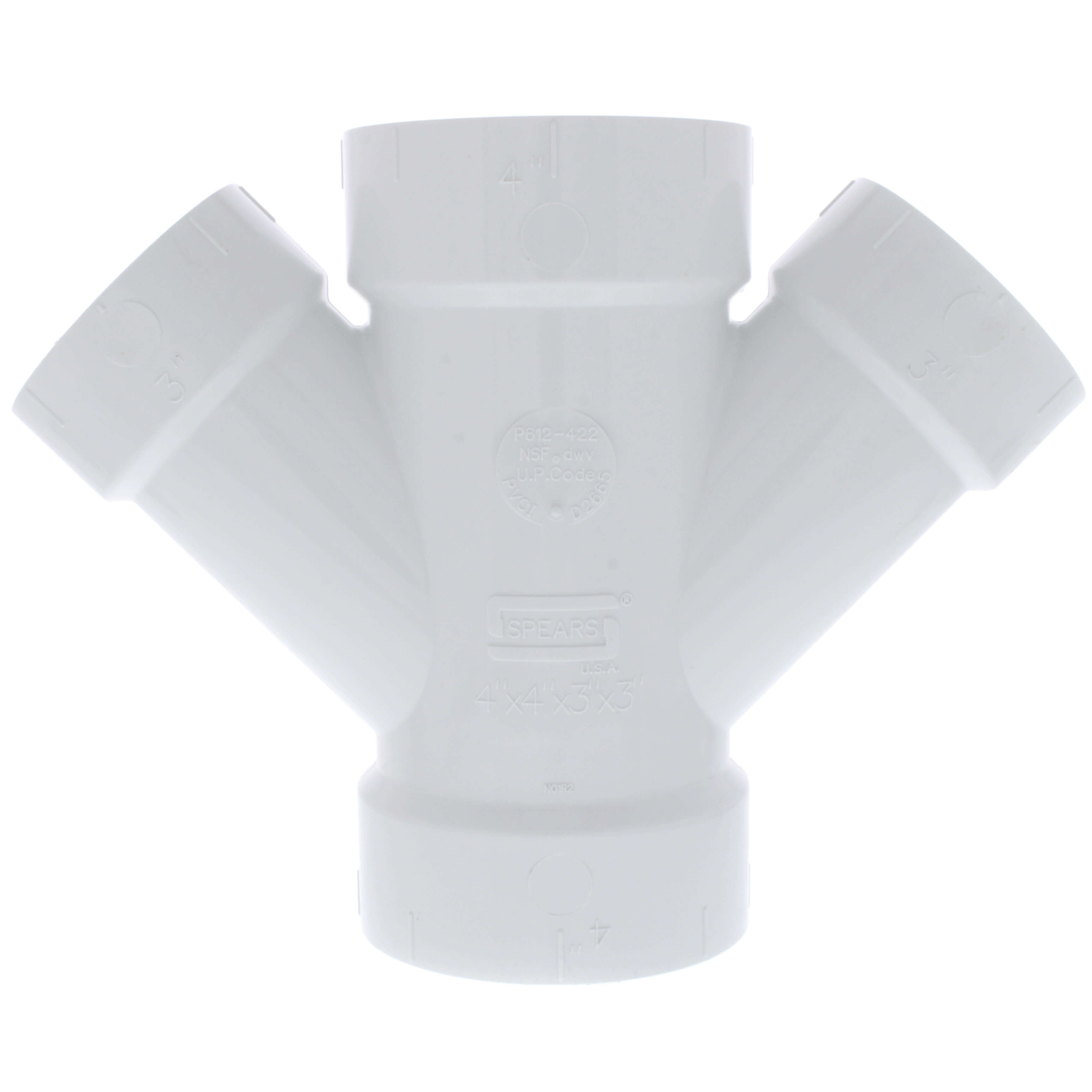 SPEARS VALVES P612-422 Double Reducer Wye, Hub x Hub x Hub, 4 x 4 x 3 x 3 Size, PVC | BU8AZN