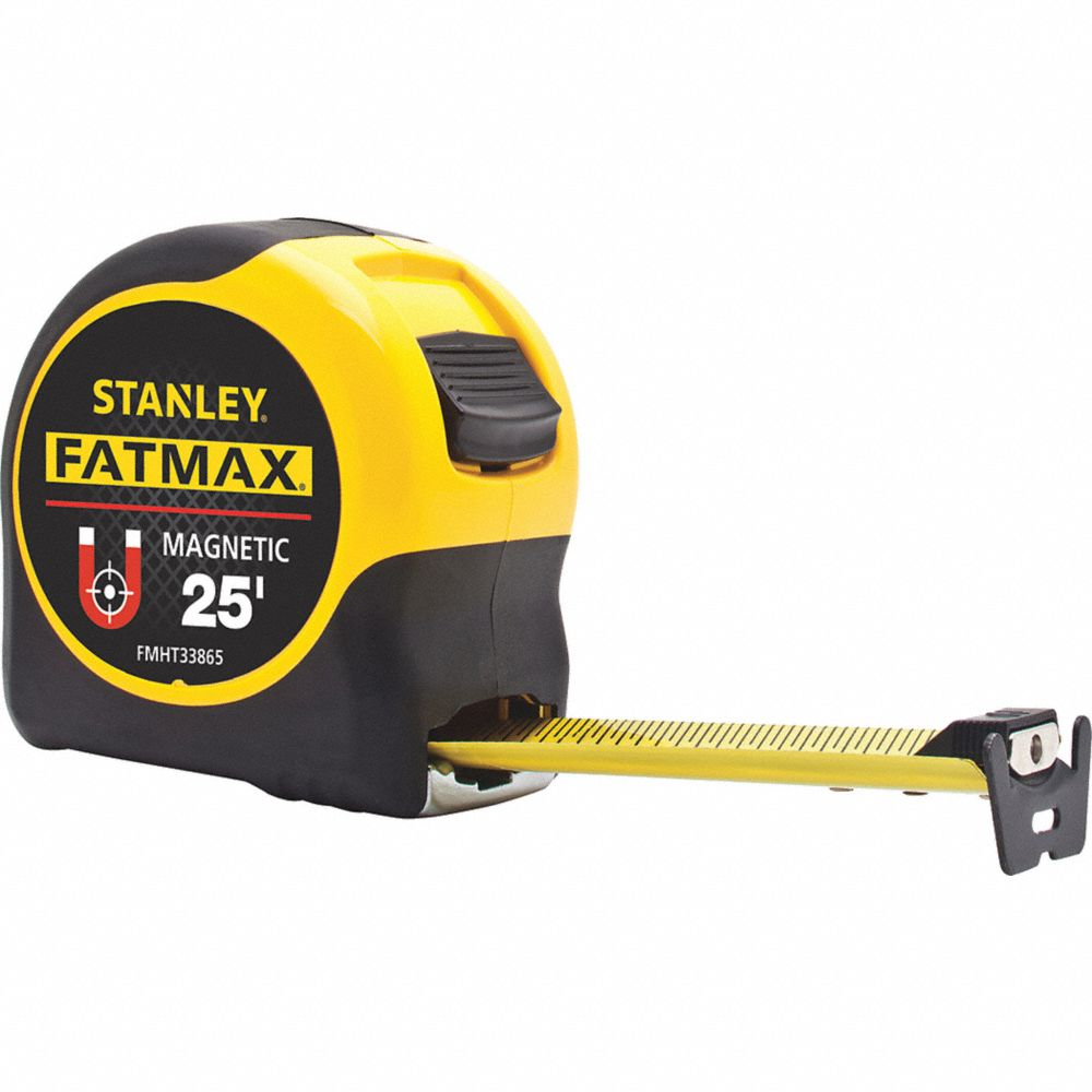 Tape Measure, Magnetic Single Hook Tip, Plastic with Rubberized Grip, 25 ft, 1/16 In Size