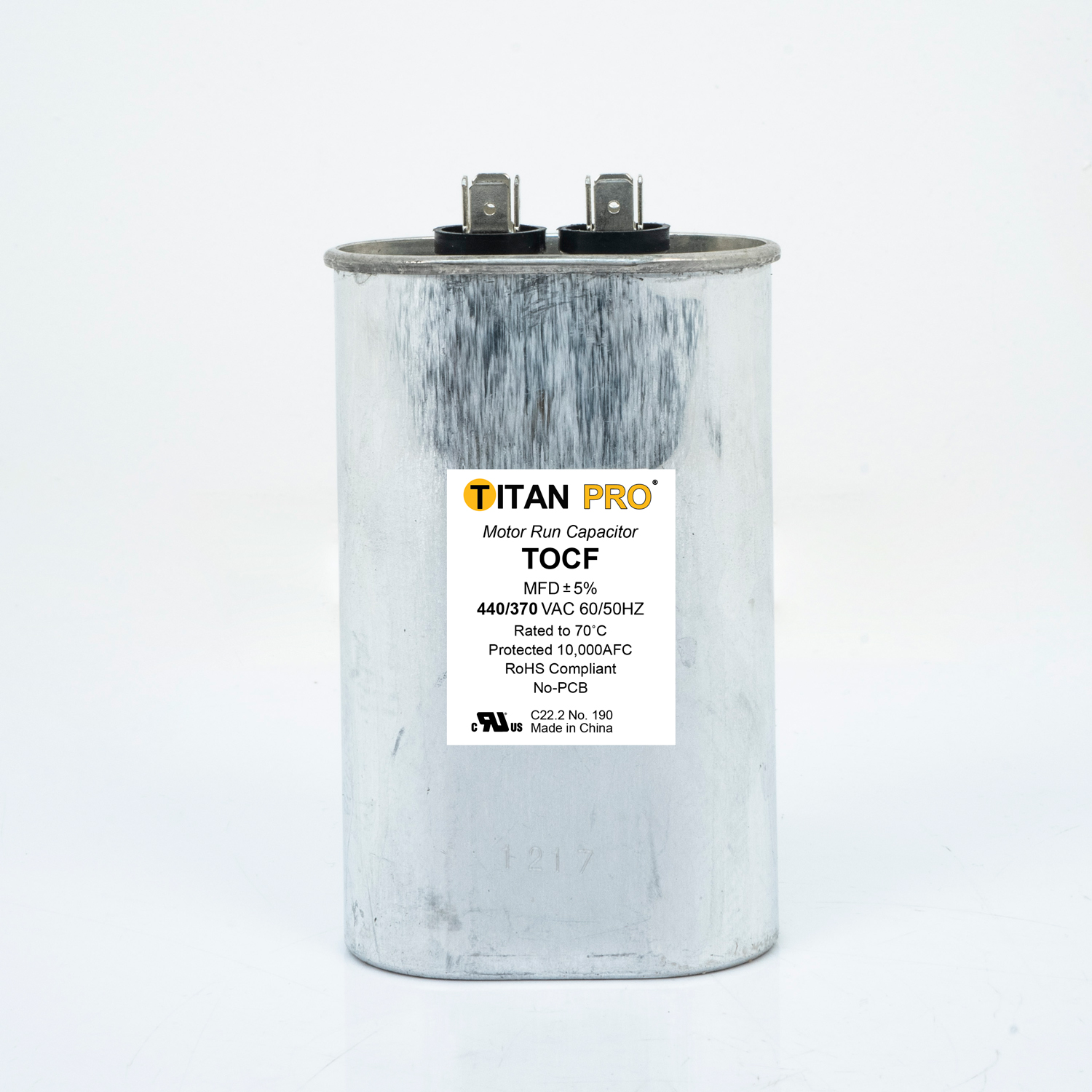 TITAN PRO TOCF65 Motor Run Capacitor, Oval, 440/370V Ac, 65 Mfd, 4 15/32 Inch Overall Ht | CU6TAA 61UP05