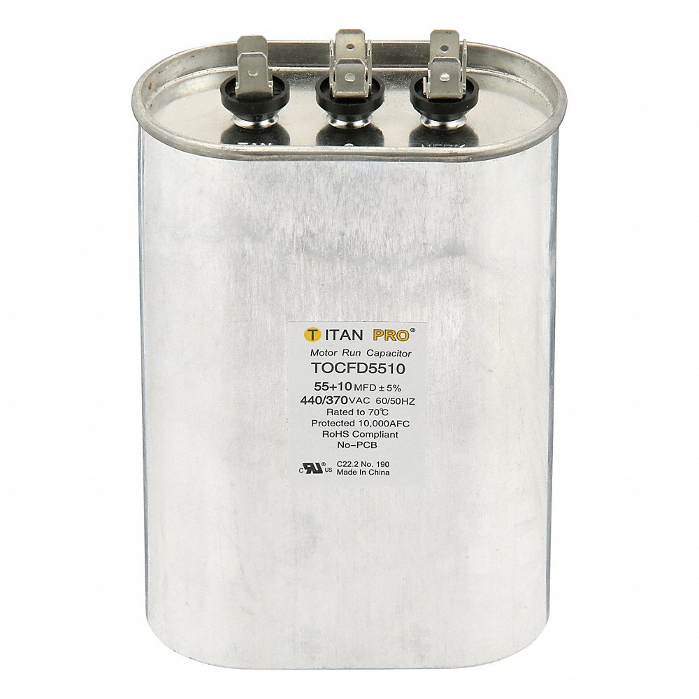 TITAN PRO TOCFD5510 Motor Dual Run Capacitor, Oval, 440/370V AC, 55/10 mfd, 5 21/32 Inch Overall Height | CU6RZX 61UP06