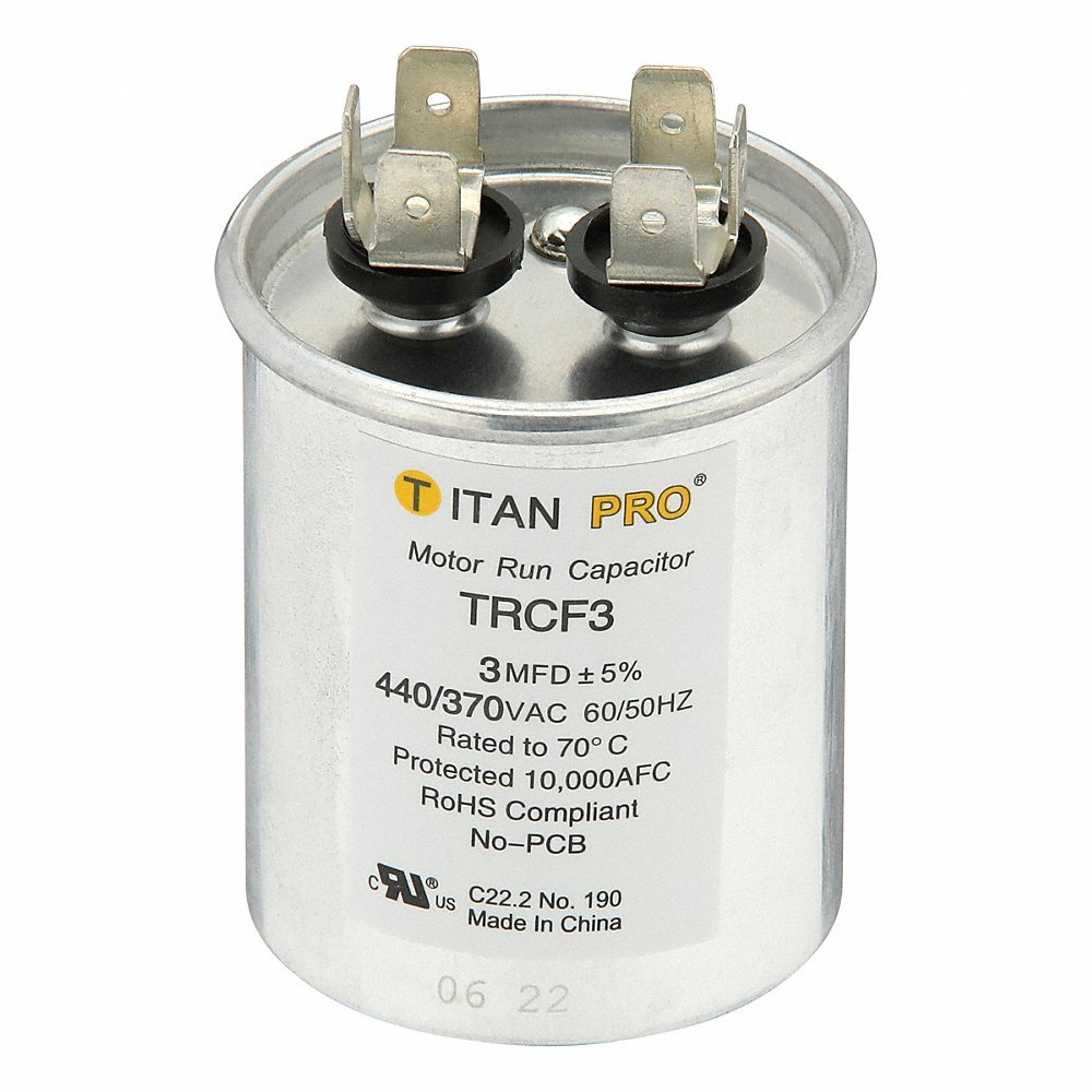 TITAN PRO TRCF3 Motor Run Capacitor, Round, 440/370V Ac, 3 Mfd, 2 21/32 Inch Overall Ht | CU6TAC 61UP08