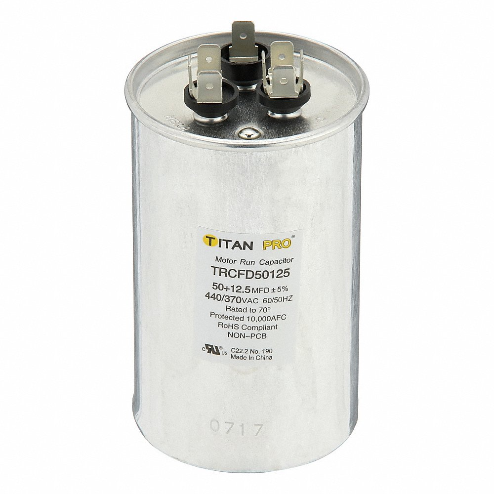 TITAN PRO TRCFD50125 Motor Dual Run Capacitor, Round, 440/370V AC, 50/12 mfd, 4 21/32 Inch Overall Height | CU6RZY 61UP10