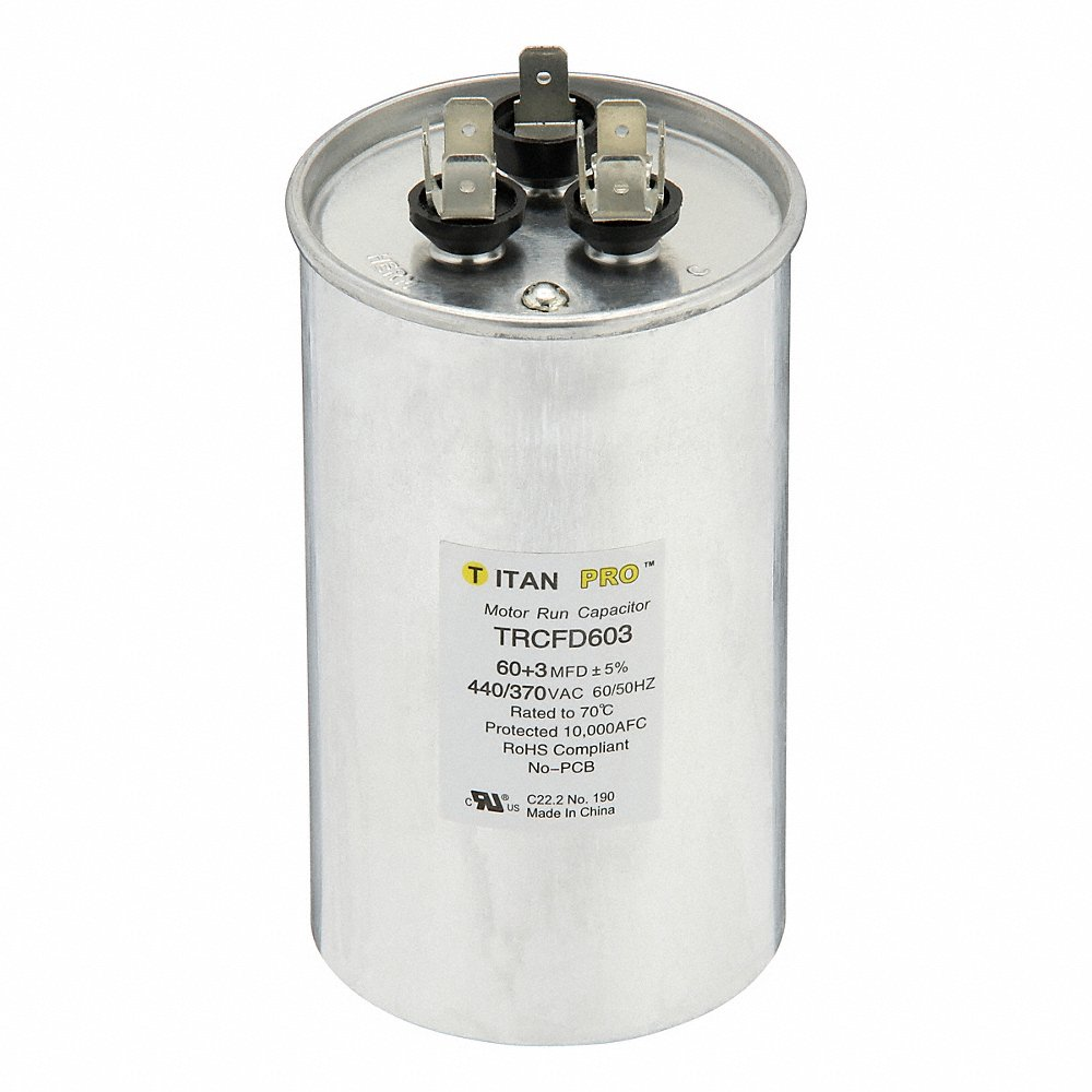 TITAN PRO TRCFD603 Motor Dual Run Capacitor, Round, 440/370V AC, 60/3 mfd, 4 27/32 Inch Overall Height | CU6RZZ 61UP11