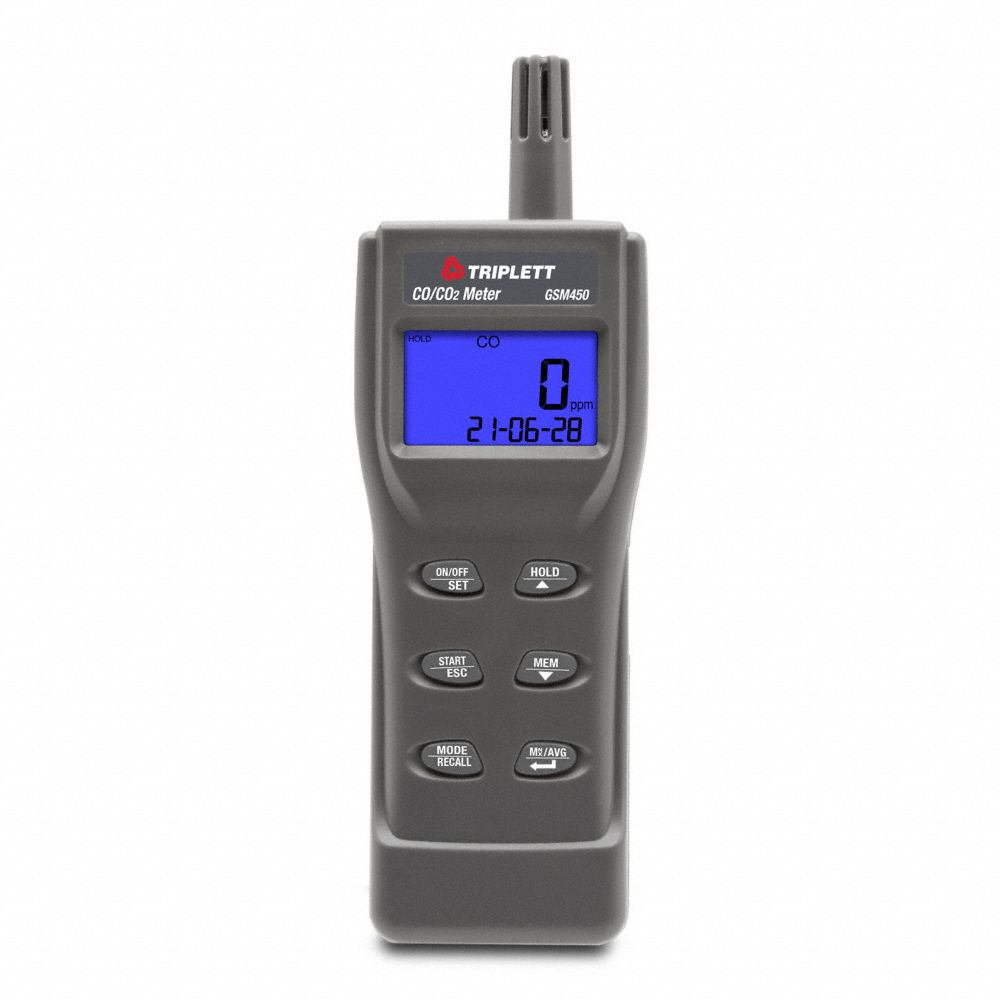 CO/CO2 IAQ Meter, Backlit LCD, CO Range 0 to 1000 ppm, 0 to 9, 999 ppm CO2 Concentration
