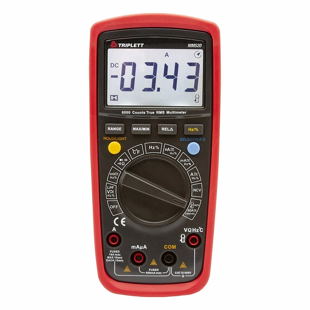 Digital Multimeter, CAT III 600V, TRMS, 600 V Max AC Volt Measurement, 6,000, LCD