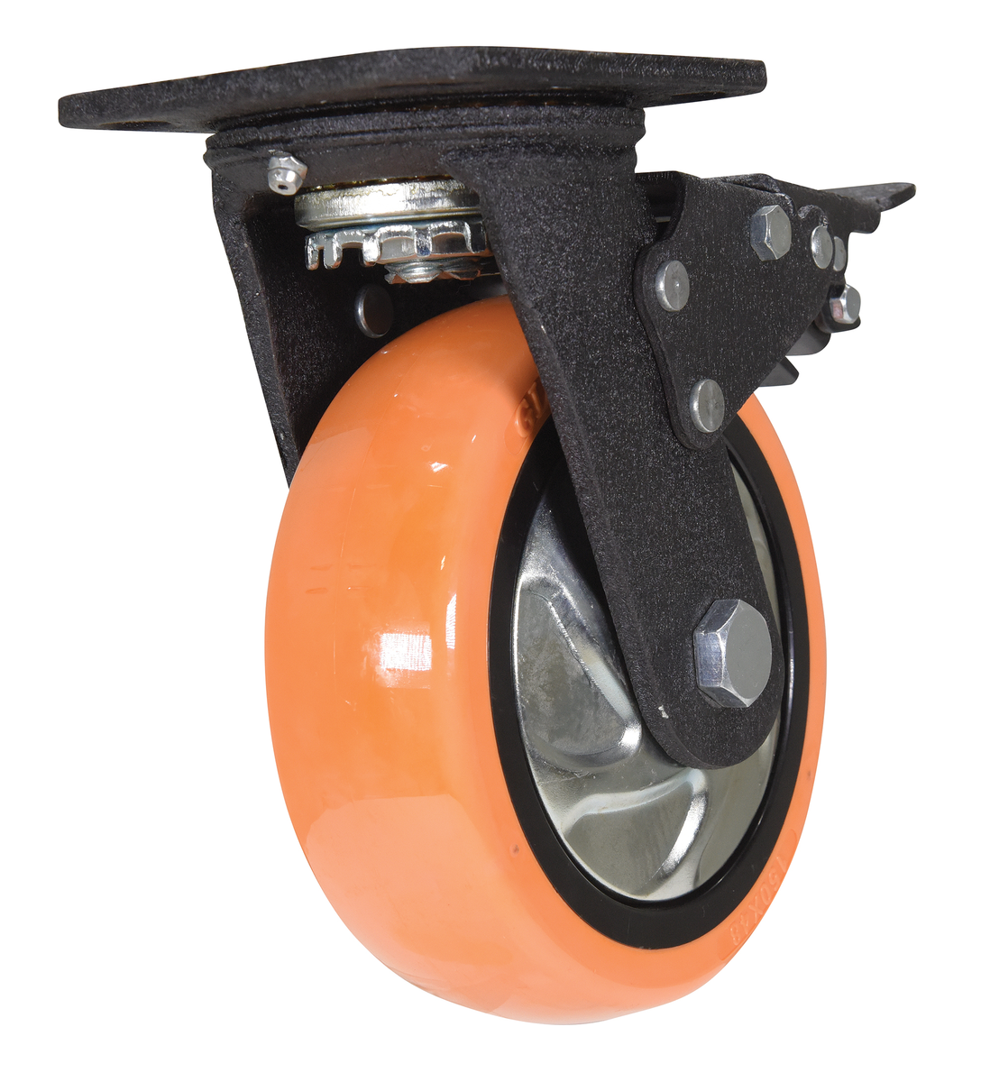 Polyurethane Swivel With Total Brake Caster, 6 x 2 Inch, 837 lb Capacity, Orange/Silver