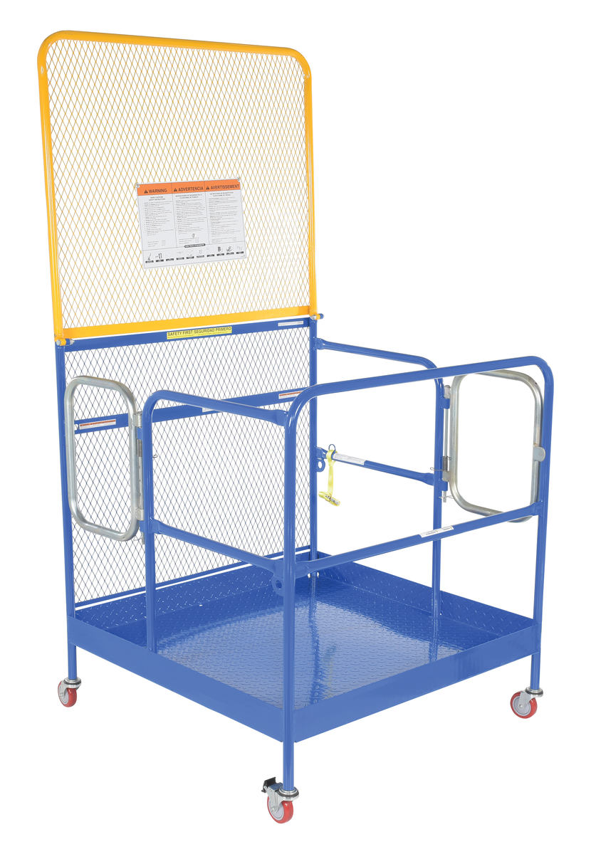 Steel Work Platform With Poly Casters, 2 Door Entry & 84 Inch Expanded Back, 48 x 48 Inch, 1000 lb Cap, Blue
