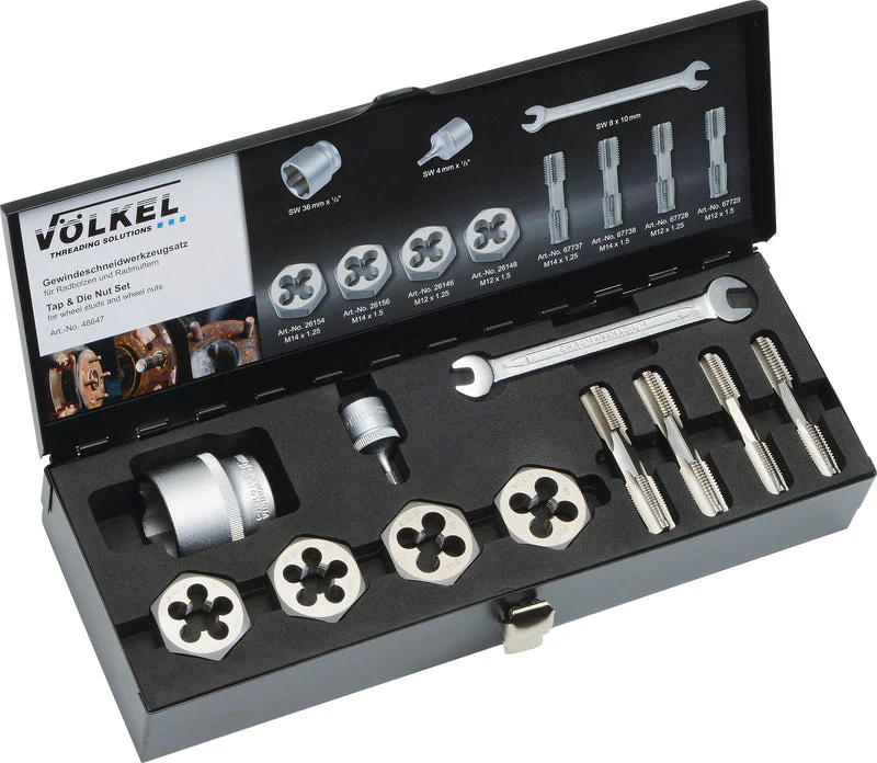 VOLKEL 48647 Tap & Die Set, HSS-G, M12 x 1.25-M12 x 1.5-M14 x 1.25-M14 x 1.5 Size | CM6FWU