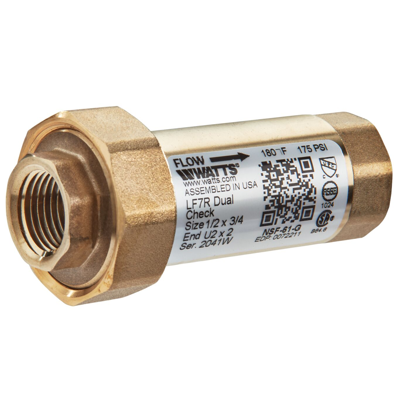 WATTS LF7RU2-2 1/2 X 3/4 Residential Dual Check Valve, Inline, 1/2 Inch Size, Brass | CA3XTK 0072211