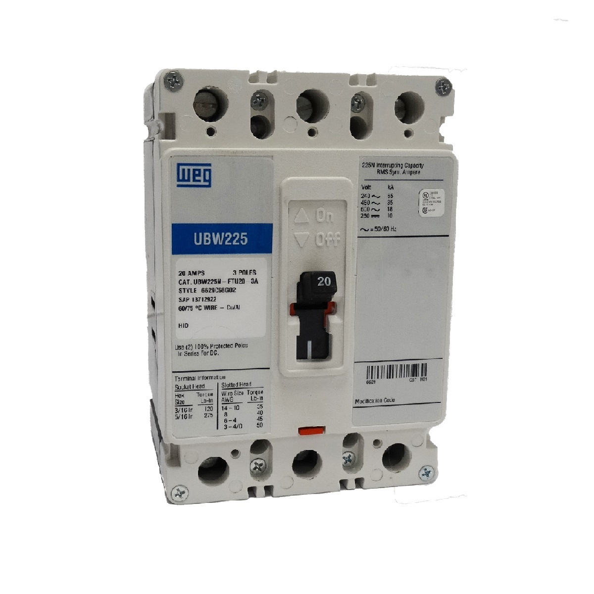 WEG UBW225N-FTU60-3A Molded Case Circuit Breaker, 60A | BD4JQW