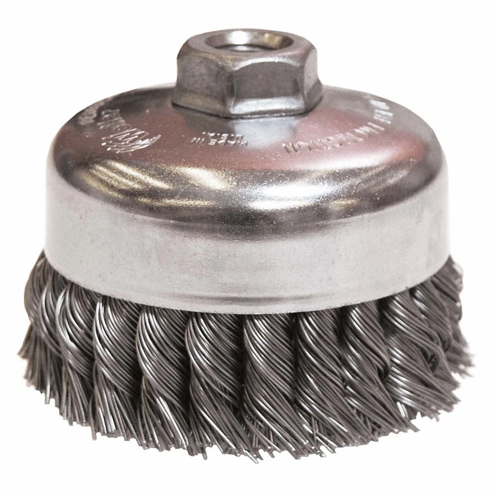 Knot Wire Cup Brush, Twisted Steel, 4 Inch Dia, 0.023 Inch Fill Dia, 5/8 Inch -11 Arbor